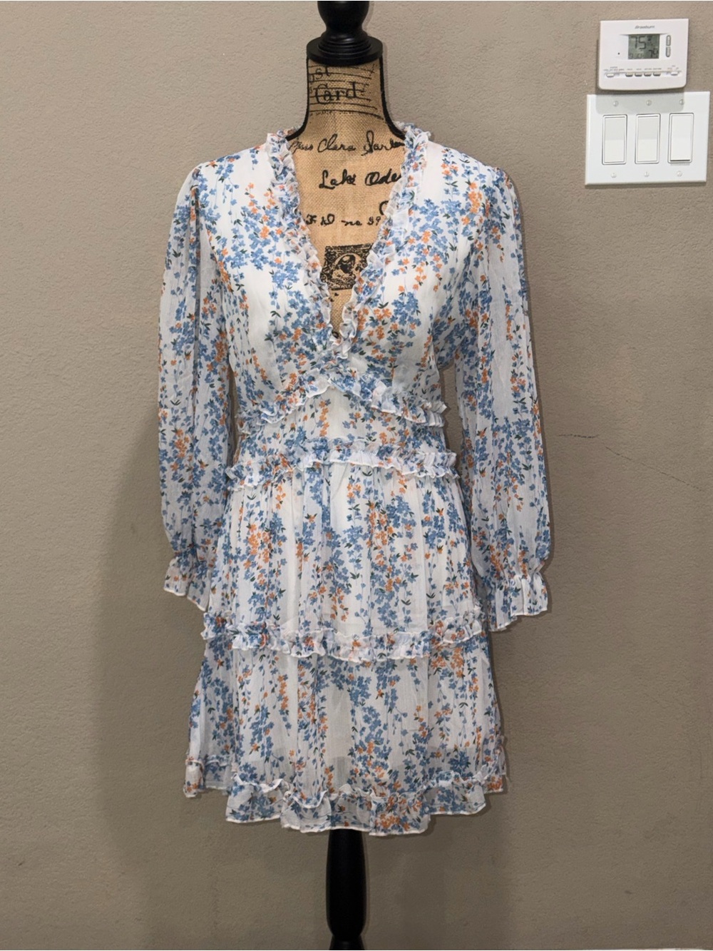 Floral Ruffle Tiered V-Neck Dress - White with Blue & Orange Floral